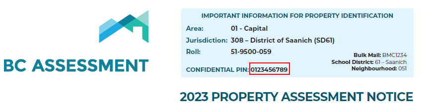 Property assessment notice information with confidential PIN highligted